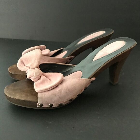 Vintage pink suede bow wood slides Bisou disco - Picture 1 of 7